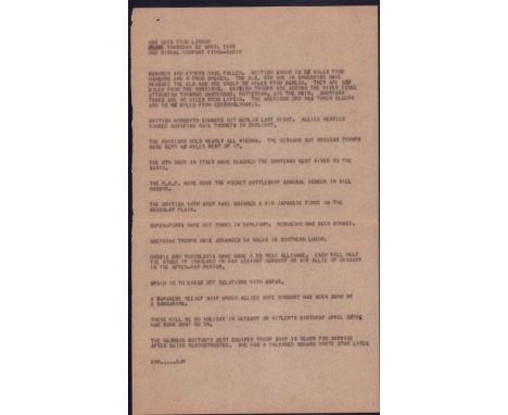 Letterhead: BBC News from London Thursday 12 April 1945 342 Signal Company Wing Radio. Events of note include: British Mosqui