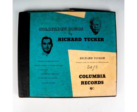 3 vintage 10-inch Yiddish records with original box case. Performing artist Richard Tucker (American, 1913-975) and orchestra