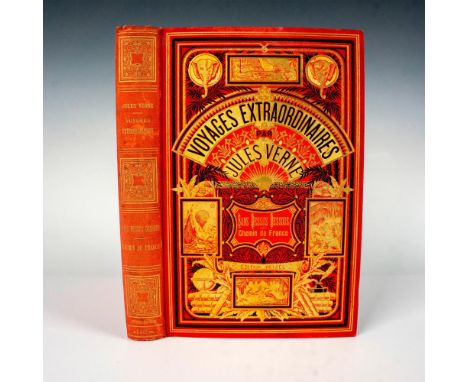 Outstanding double volume with vibrant cover from Hetzel's French edition Au Deux Elephants with red cover, Voyages Extraordi