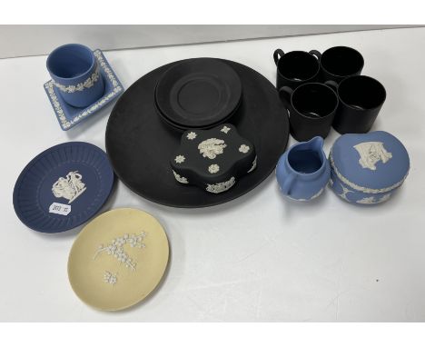 A small collection of various Wedgwood Jasper wares including a pale blue pot and cover, lozenge-shaped dish, small cream jug