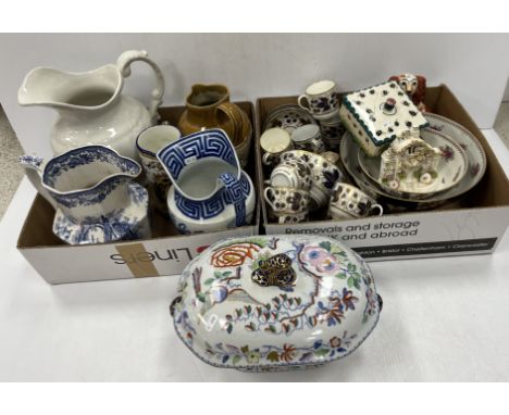 A 19th Century Mason's ironstone blue transfer and polychrome decorated soup tureen decorated with exotic bird amongst foliag