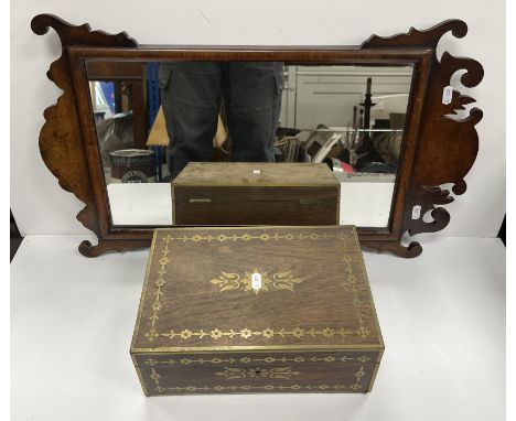 An early 19th Century rosewood and brass inlaid vanity box with leather lined interior (incomplete), 29.3 cm wide x 19.5 cm d