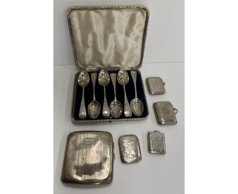A set of six Victorian engraved silver teaspoons with letter "M" to handle (by James Henry and Herbert Barraclough for Z Barr