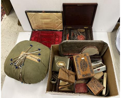 A Tunbridge ware maple and inlaid single section tea caddy (for restoration), a 19th Century mahogany artist's box and conten