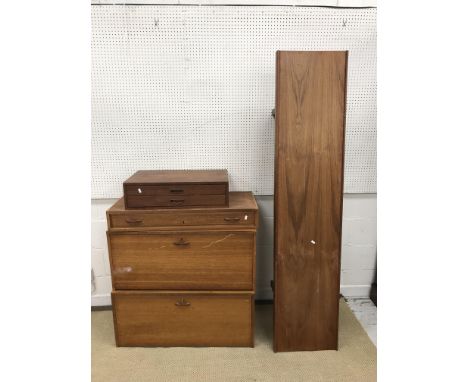 Three Ladderax wooden sections comprising two drop front units and a drawer together with a similar Caves two drawer unit and