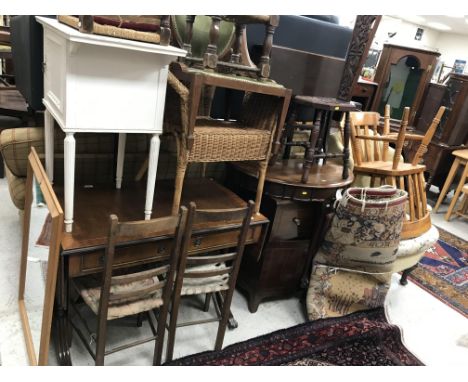 A modern reproduction mahogany drop leaf sofa table, mahogany commode chest, demilune side table, carved spinning chair, Edwa