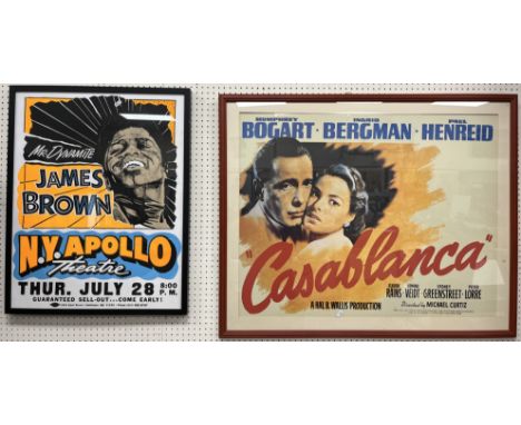 Three modern reproduction advertising posters comprising one for Casablanca, another for James Brown Comeback Tour and anothe