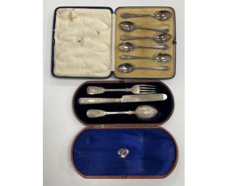 A Victorian silver Christening set comprising fork, spoon and knife (by George W Adams for Chawner & Co., London 1865), toget