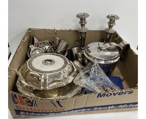 A collection of various plated ware to include a Coupe Carven ice box of cylindrical form with loop handle, a plated salver i