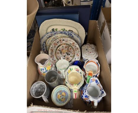 A box containing assorted decorative china to include Mason's & Poole jugs, Wegwood lustre bowl set with fruit to the interio
