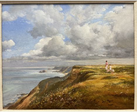 TED DYER (British b1940) "Figures on clifftops overlooking sea" oil on canvas, signed bottom right, bears Beside the Wave lab