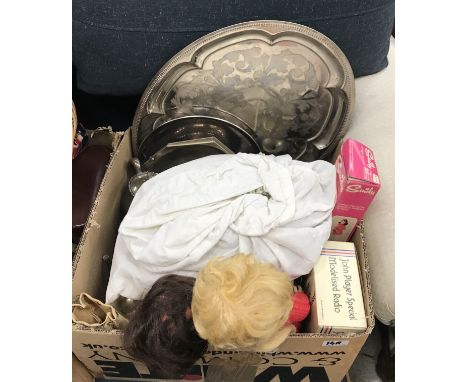 Three boxes of assorted sundry clocks, toys, a Hohner accordion, baskets, etc and a small quantity of books
