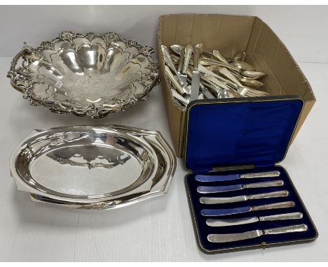 A collection of plated wares to include a serpentine edged vegetable tureen and cover, a Gothic Revival fruit bowl with swing