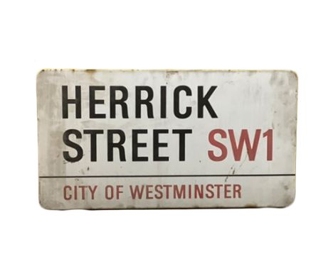 An enamelled steel street sign for Herrick Street SW1, City of Westminster with iconic black and red sans serif lettering fir