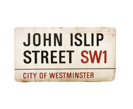 An enamelled steel street sign for John Islip Street SW1, City of Westminster with iconic black and red sans serif lettering 