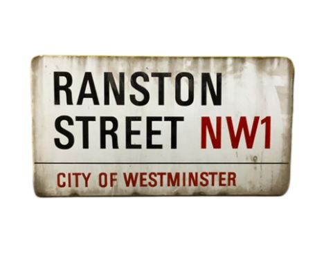 An enamelled steel street sign for Ranston Street NW1, City of Westminster with iconic black and red sans serif lettering fir