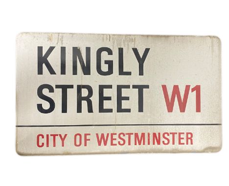 An enamelled steel street sign for Kingly Street W1 City of Westminster with iconic black and red sans serif lettering first 