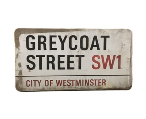 An enamelled steel street sign for Greycoat Street SW1, City of Westminster with iconic black and red sans serif lettering fi
