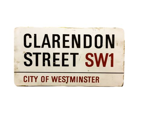 An enamelled steel street sign for Clarendon Street SW1, City of Westminster with iconic black and red sans serif lettering f