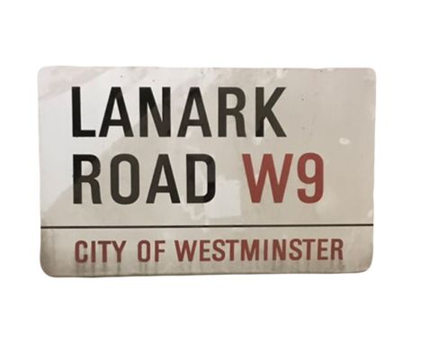 An enamelled steel street sign for Lanark Road W9, City of Westminster with iconic black and red sans serif lettering first c