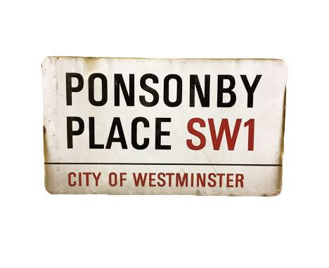 An enamelled steel street sign for Ponsonby Place SW1, City of Westminster with iconic black and red sans serif lettering fir