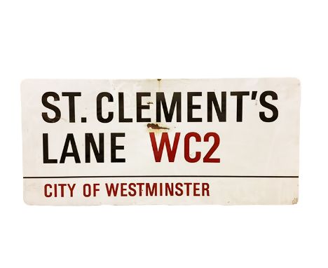 An enamelled steel street sign for St. Clement's Lane WC2, City of Westminster with iconic black and red sans serif lettering