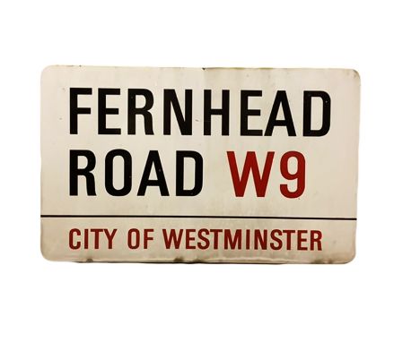 An enamelled steel street sign for Fernhead Road W9, City of Westminster with iconic black and red sans serif lettering first