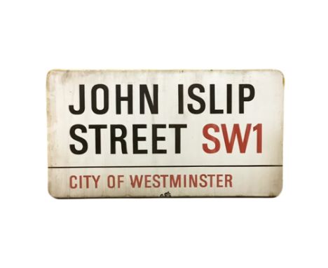 An enamelled steel street sign for John Islip Street SW1, City of Westminster with iconic black and red sans serif lettering 
