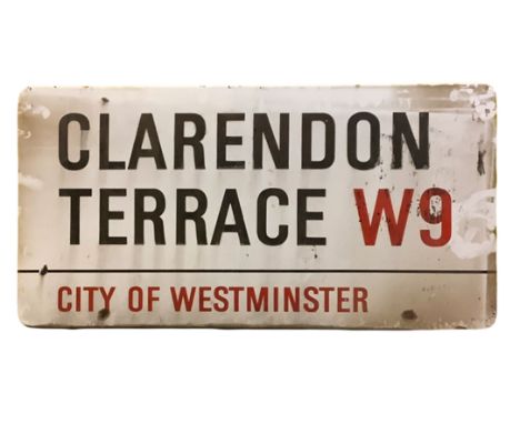 An enamelled steel street sign for Clarendon Terrace W9, City of Westminster with iconic black and red sans serif lettering f