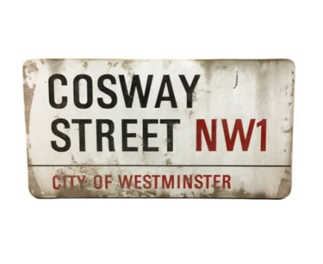 An enamelled steel street sign for Cosway Street NW1, City of Westminster with iconic black and red sans serif lettering firs