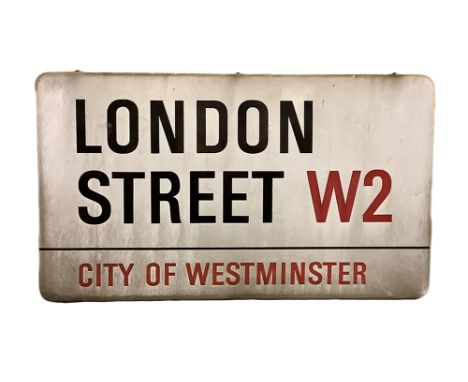 An enamelled steel street sign for London Street W2 City of Westminster with iconic black and red sans serif lettering first 