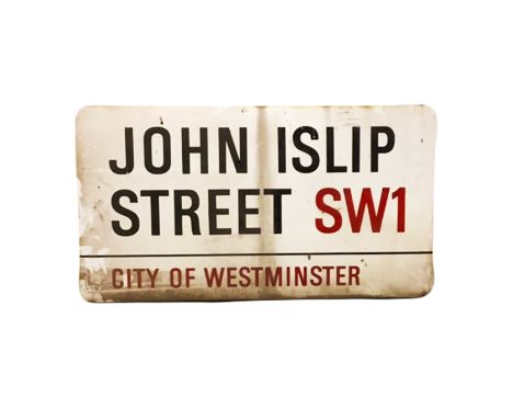An enamelled steel street sign for John Islip Street SW1, City of Westminster with iconic black and red sans serif lettering 