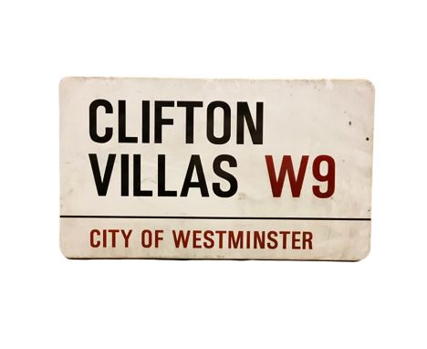 An enamelled steel street sign for Clifton Villas W9, City of Westminster with iconic black and red sans serif lettering firs