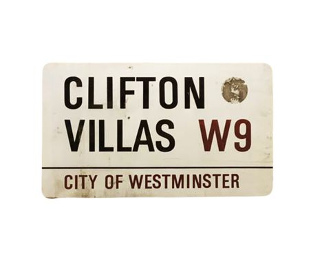 An enamelled steel street sign for Clifton W9, City of Westminster with iconic black and red sans serif lettering first creat