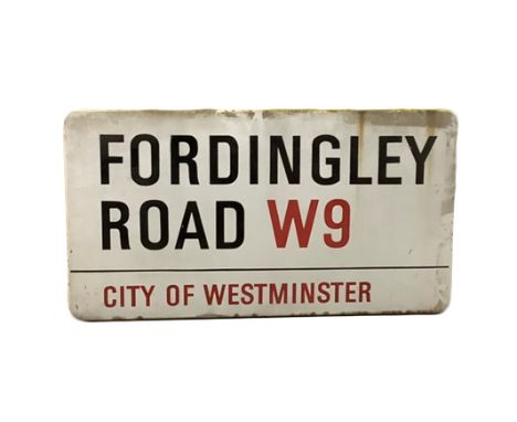 An enamelled steel street sign for Fordingley Road W9, City of Westminster with iconic black and red sans serif lettering fir