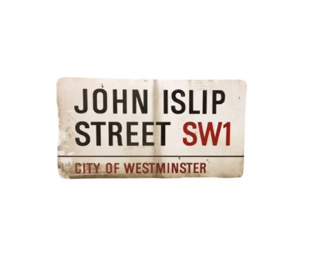 An enamelled steel street sign for John Islip Street SW1, City of Westminster with iconic black and red sans serif lettering 