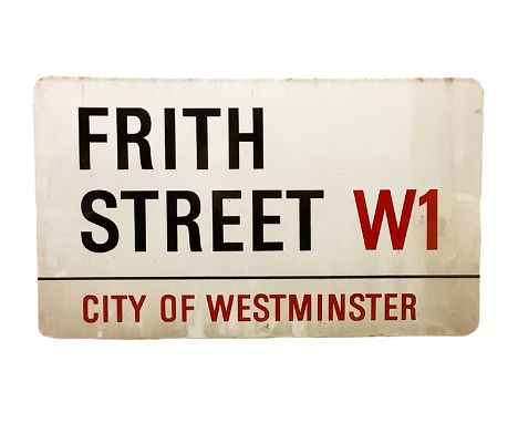 An enamelled steel street sign for Firth Street W1, City of Westminster with iconic black and red sans serif lettering first 