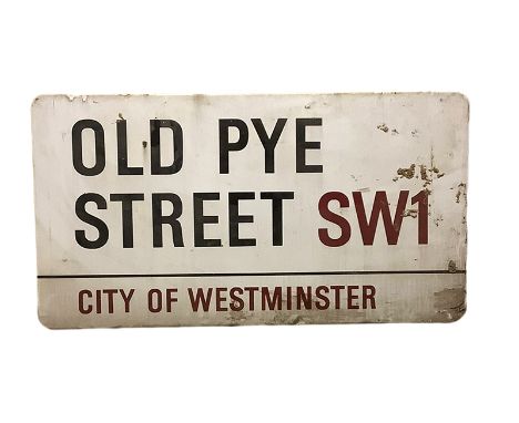 An enamelled steel street sign for Old Pye Street SW1  City of Westminster with iconic black and red sans serif lettering fir