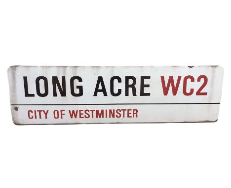An enamelled steel street sign for Long Acre WC2, City of Westminster with iconic black and red sans serif lettering first cr