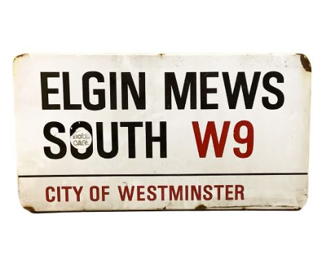 An enamelled steel street sign for Elgin Mews South W9, City of Westminster with iconic black and red sans serif lettering fi