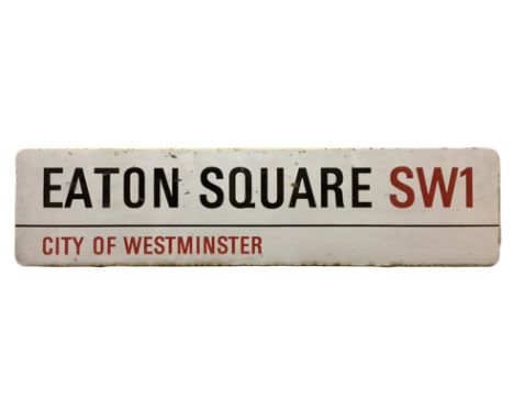 An enamelled steel street sign for Eaton Square SW1, City of Westminster with iconic black and red sans serif lettering first