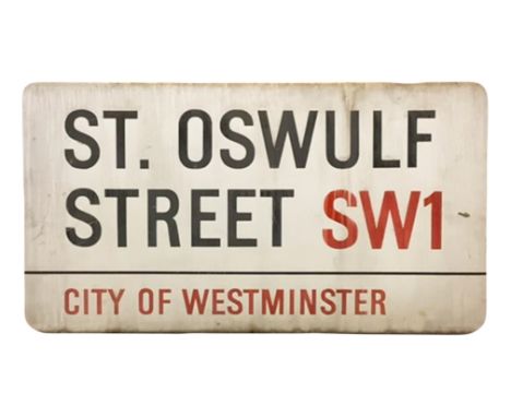An enamelled steel street sign for St. Oswulf Street SW1, City of Westminster with iconic black and red sans serif lettering 