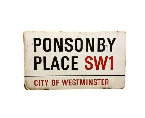 An enamelled steel street sign for Ponsonby Place SW1, City of Westminster with iconic black and red sans serif lettering fir