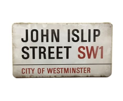 An enamelled steel street sign for John Islip Street SW1, City of Westminster with iconic black and red sans serif lettering 