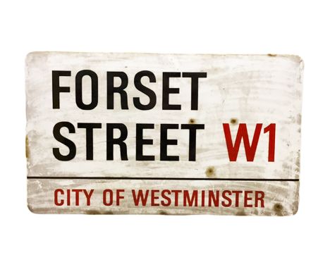 An enamelled steel street sign for Forset Street W1,  City of Westminster with iconic black and red sans serif lettering firs