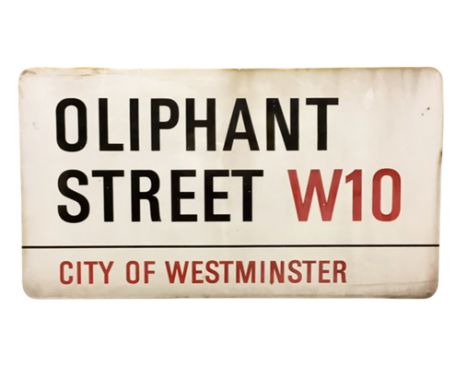 An enamelled steel street sign for Oliphant Street W10, City of Westminster with iconic black and red sans serif lettering fi