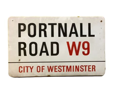 An enamelled steel street sign for Portnall Road W9, City of Westminster with iconic black and red sans serif lettering first