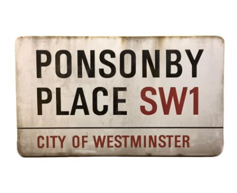 An enamelled steel street sign for Ponsonby Place SW1, City of Westminster with iconic black and red sans serif lettering fir