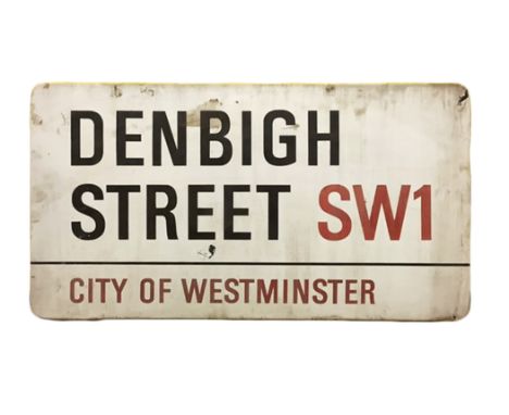 An enamelled steel street sign for Denbigh Street SW1, City of Westminster with iconic black and red sans serif lettering fir