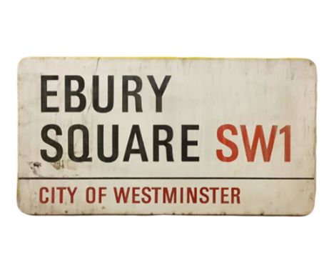 An enamelled steel street sign for Ebury Square SW1, City of Westminster with iconic black and red sans serif lettering first